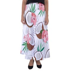 Seamless Pattern Coconut Piece Palm Leaves With Pink Hibiscus Flared Maxi Skirt by Apen