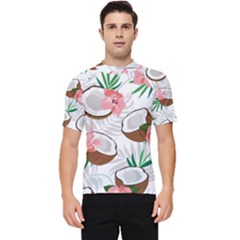 Seamless Pattern Coconut Piece Palm Leaves With Pink Hibiscus Men s Short Sleeve Rash Guard by Apen