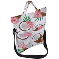 Seamless Pattern Coconut Piece Palm Leaves With Pink Hibiscus Fold Over Handle Tote Bag by Apen