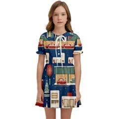 Cars Snow City Landscape Vintage Old Time Retro Pattern Kids  Sweet Collar Dress by Maspions