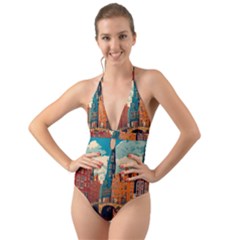 London England Bridge Europe Buildings Architecture Vintage Retro Town City Halter Cut-out One Piece Swimsuit by Maspions