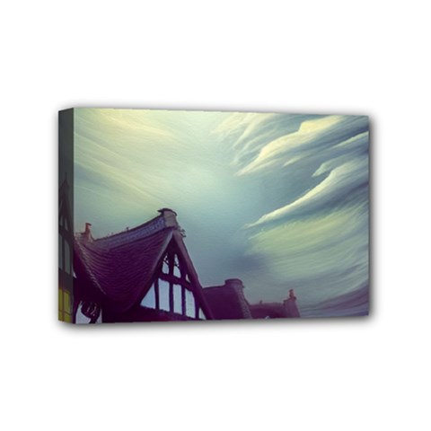 Village Moon Cloudy Historical Tudor Architecture Houses Town Night Windows City Mini Canvas 6  X 4  (stretched) by Posterlux