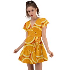 Oranges Textures, Close-up, Tropical Fruits, Citrus Fruits, Fruits Flutter Sleeve Wrap Dress by nateshop