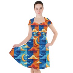 Clouds Stars Sky Moon Day And Night Background Wallpaper Cap Sleeve Midi Dress by Maspions