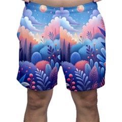 Nature Night Bushes Flowers Leaves Clouds Landscape Berries Story Fantasy Wallpaper Background Sampl Men s Shorts by Maspions
