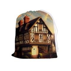 Village House Cottage Medieval Timber Tudor Split Timber Frame Architecture Town Twilight Chimney Drawstring Pouch (xl) by Posterlux
