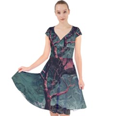 Night Sky Nature Tree Night Landscape Forest Galaxy Fantasy Dark Sky Planet Cap Sleeve Front Wrap Midi Dress by Posterlux