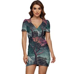 Night Sky Nature Tree Night Landscape Forest Galaxy Fantasy Dark Sky Planet Low Cut Cap Sleeve Mini Dress by Posterlux