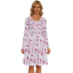 Fantasy Landscape Scene Sketchy Illustration Motif Pattern Wb Long Sleeve Dress With Pocket by dflcprintsclothing