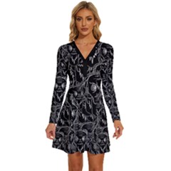 Old Man Monster Motif Black And White Creepy Pattern Long Sleeve Deep V Mini Dress  by dflcprintsclothing