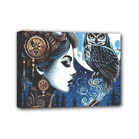 Steampunk Woman With Owl 2 Steampunk Woman With Owl Woman With Owl Strap Mini Canvas 7  X 5  (stretched) by CKArtCreations