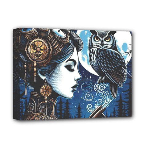Steampunk Woman With Owl 2 Steampunk Woman With Owl Woman With Owl Strap Deluxe Canvas 16  X 12  (stretched)  by CKArtCreations