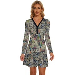 Sticker Collage Motif Pattern Black Backgrond Long Sleeve Deep V Mini Dress  by dflcprintsclothing