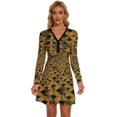 Spiral Symmetry Geometric Pattern Black Backgrond Long Sleeve Deep V Mini Dress  by dflcprintsclothing