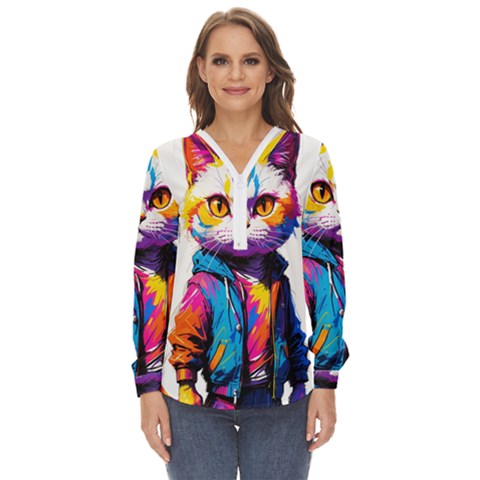 Wild Cat Zip Up Long Sleeve Blouse by Sosodesigns19