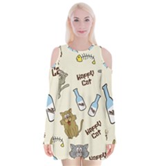 Happy Cats Pattern Background Velvet Long Sleeve Shoulder Cutout Dress by Grandong