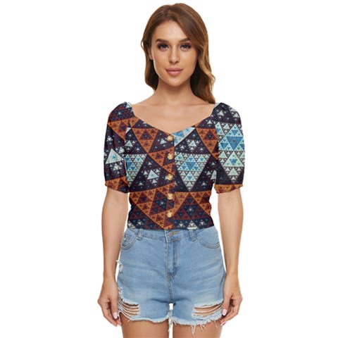 Fractal Triangle Geometric Abstract Pattern Button Up Blouse by Cemarart