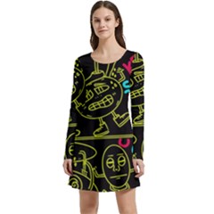 Keep Smiling Doodle Long Sleeve Velour Skater Dress by Cemarart