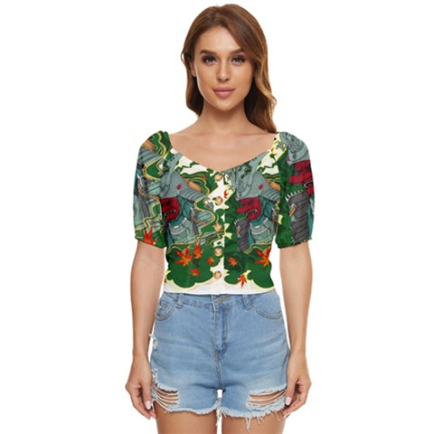 Armor Japan Maple Leaves Samurai Mask Cut Button Up Blouse by Ndabl3x