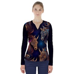 Schwarz Pferde Muster V-neck Long Sleeve Top by 2607694c