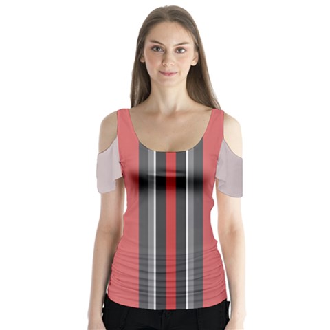 Rosa Grau Streifen Butterfly Sleeve Cutout T-shirt  by 2607694c
