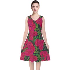 Seamless Pattern With Colorful Bush Roses V-neck Midi Sleeveless Dress  by Ket1n9