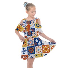 Mexican Talavera Pattern Ceramic Tiles With Flower Leaves Bird Ornaments Traditional Majolica Style Kids  Shoulder Cutout Chiffon Dress by Ket1n9