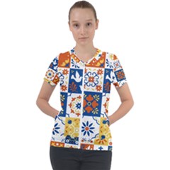 Mexican Talavera Pattern Ceramic Tiles With Flower Leaves Bird Ornaments Traditional Majolica Style Short Sleeve Zip Up Jacket by Ket1n9