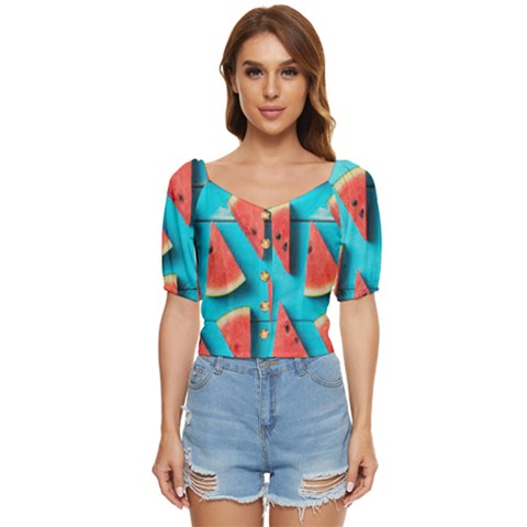 Watermelon Blue Background Button Up Blouse by Azkajaya