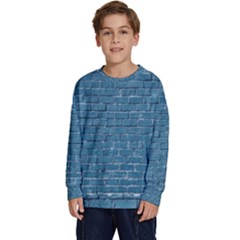 White And Blue Brick Wall Kids  Crewneck Sweatshirt by Azkajaya