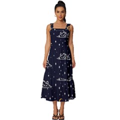 Hand Drawn Scratch Style Night-sky-with-moon-cloud Space Among-stars-seamless Pattern Vector Design Square Neckline Tiered Midi Dress by Ket1n9