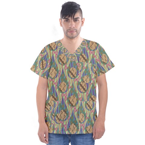 Tribal Background Boho Batik Men s V-neck Scrub Top by anzea