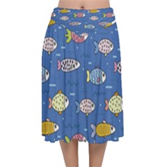 Sea Fish Blue Submarine Animal Velvet Flared Midi Skirt by Proyonanggan