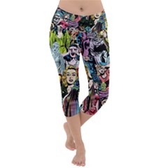 Vintage Horror Collage Pattern Lightweight Velour Capri Yoga Leggings by Ket1n9