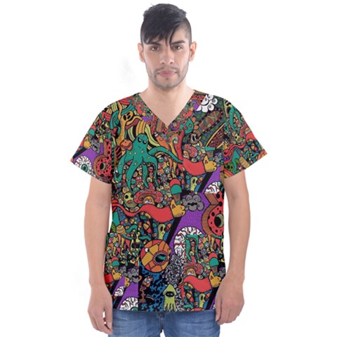 Cute Cartoon Doodle Men s V-neck Scrub Top by Bedest
