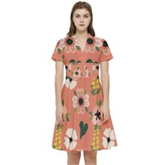 Flower Pink Brown Pattern Floral Short Sleeve Waist Detail Dress by anzea