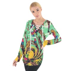 Monkey Tiger Bird Parrot Forest Jungle Style Tie Up T-shirt by Grandong