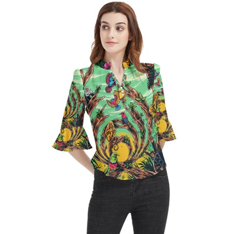 Monkey Tiger Bird Parrot Forest Jungle Style Loose Horn Sleeve Chiffon Blouse by Grandong