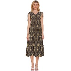 Vintage Batik Art Architecture Pattern V-neck Drawstring Shoulder Sleeveless Maxi Dress by Ravend