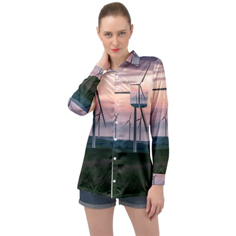 Wind Giants At Twilight Long Sleeve Satin Shirt by Tellerarts