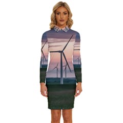 Wind Giants At Twilight Long Sleeve Shirt Collar Bodycon Dress by Tellerarts