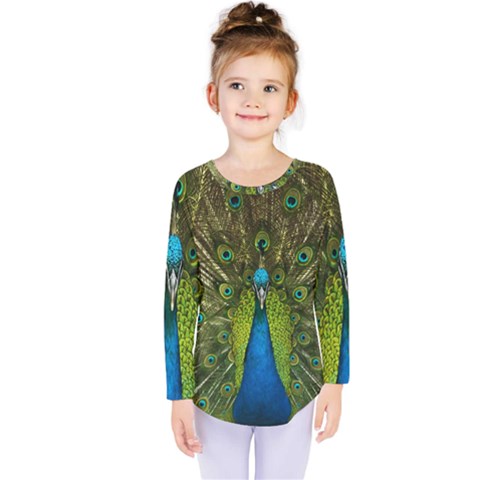 Peacock Feathers Bird Plumage Kids  Long Sleeve T-shirt by Perong