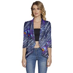 Peacock Bird Feathers Coloured Plumage Women s 3/4 Sleeve Ruffle Edge Open Front Jacket by Perong