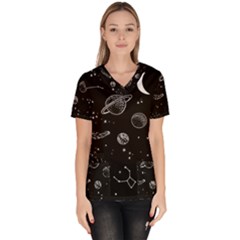 Black Space Drawing Art Planet Drawing Stars Black Space Galaxy Outer Space Women s V-neck Scrub Top by Perong
