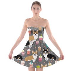 Corgi Boba Tea Bubble Tea Kawaii Food Welsh Corgis Dog Strapless Bra Top Dress by Perong