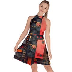 Tech Technology Pattern Sleeveless Halter Neck A-line Dress by Salmanaz77
