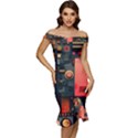 Tech Technology Pattern Off Shoulder Ruffle Split Hem Bodycon Dress View1