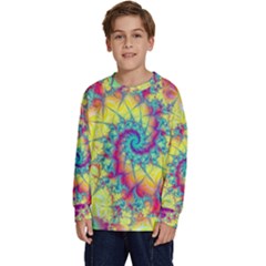 Fractal Spiral Abstract Background Vortex Yellow Kids  Crewneck Sweatshirt by Ket1n9