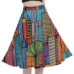 City New York Nyc Skyscraper Skyline Downtown Night Business Urban Travel Landmark Building Architec A-line Full Circle Midi Skirt With Pocket by Posterlux