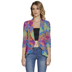 Colorful Flora Flora Kazakh Pattern Women s 3/4 Sleeve Ruffle Edge Open Front Jacket by Cemarart